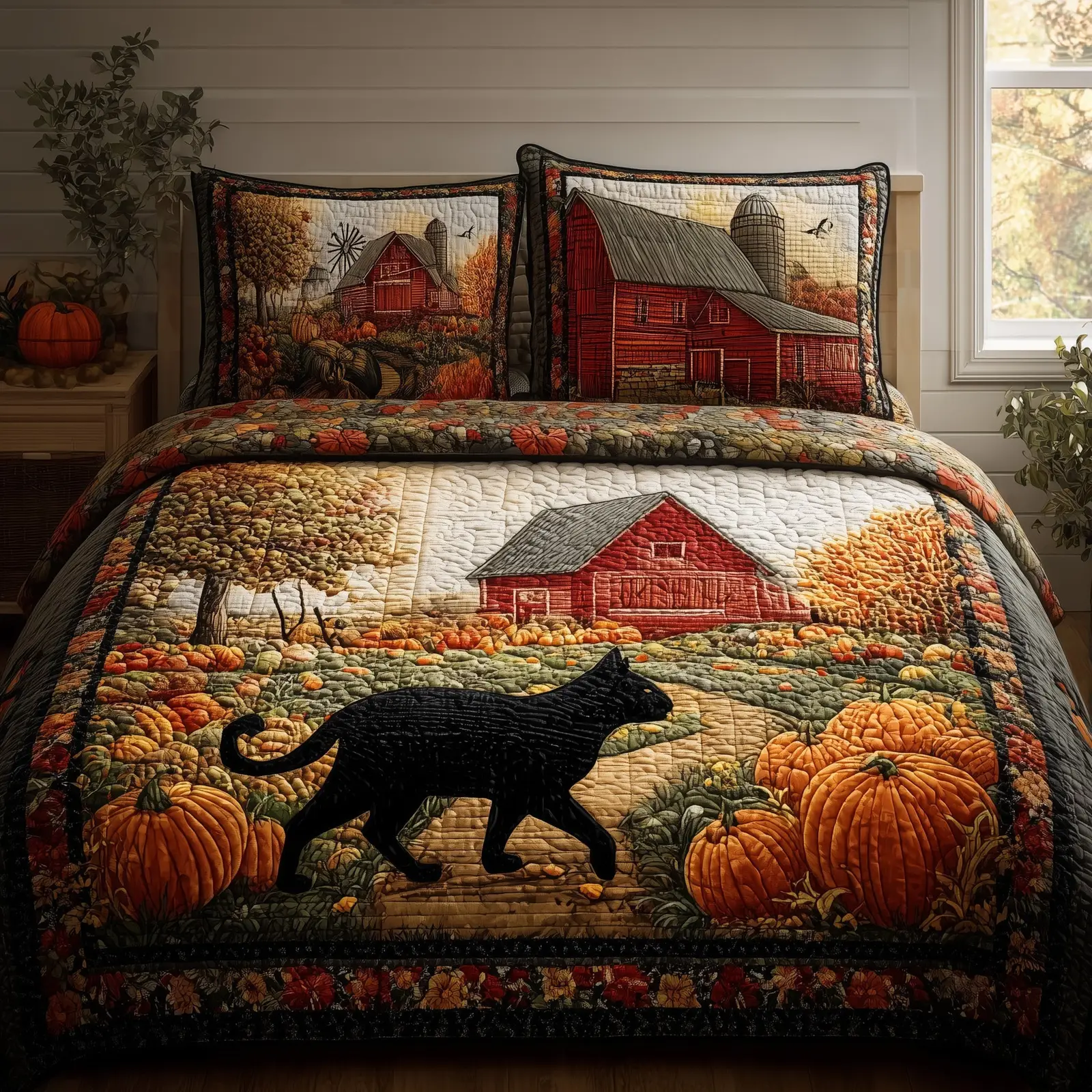 Black Cat Autumn Quilted Bedding Set Duvet Cover Pumpkin Gifts For Black Cat Lovers