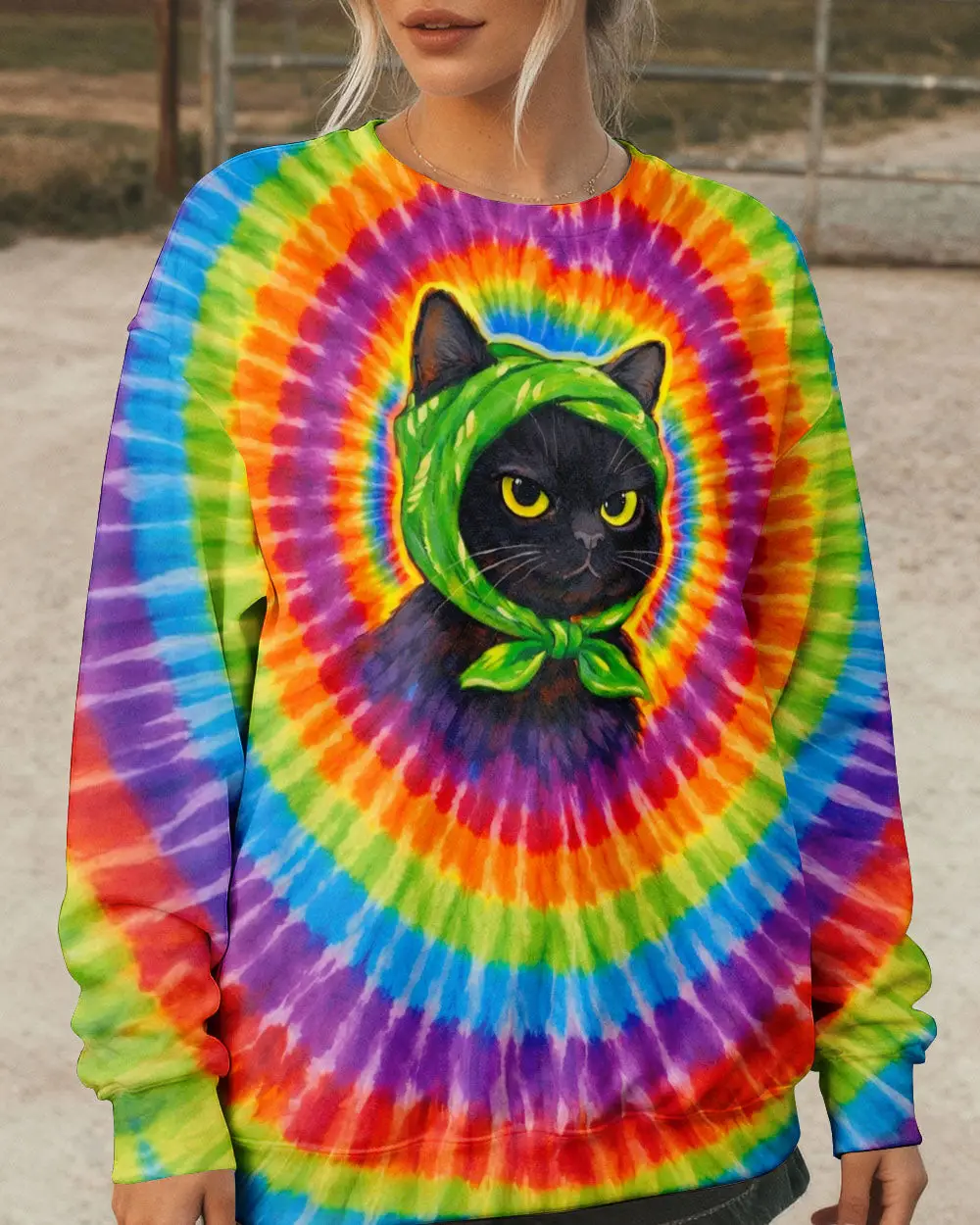 Black Cat Headband Colorful Swirl Tie Dye Sweatshirt Gift For Cat Lovers