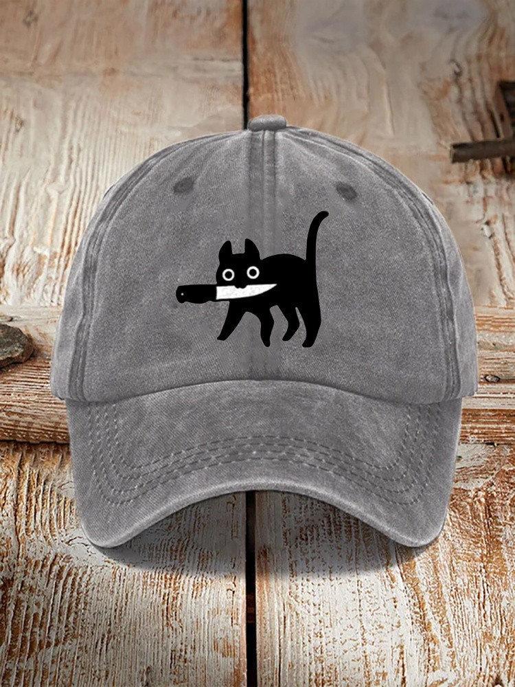Black Cat Holding A Knife Hat Funny Baseball Cap Gifts For Cat Lovers