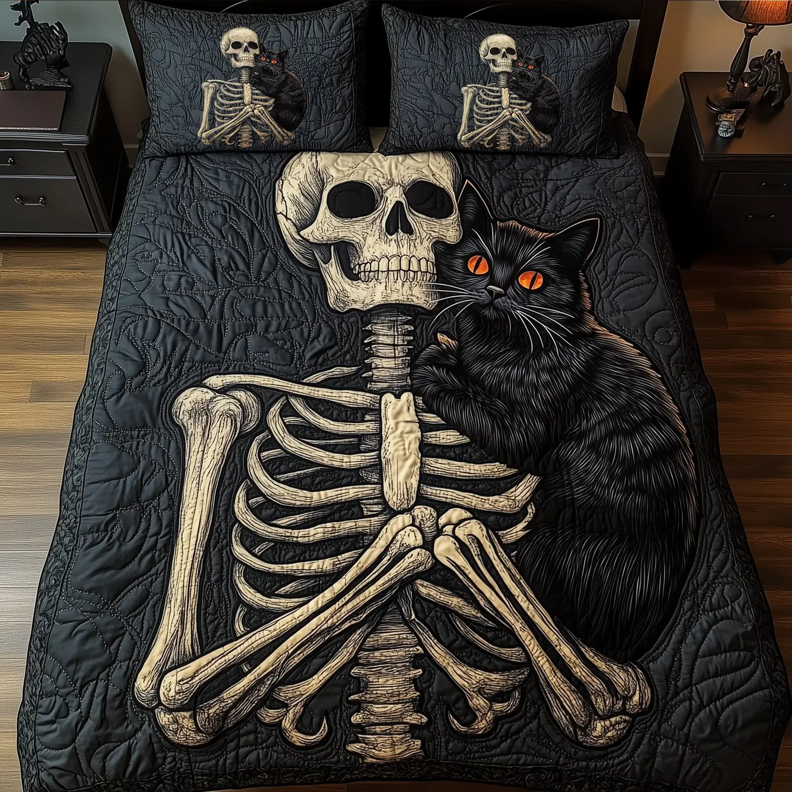 Black Cat Mystic Skull Quilted Bedding Set Duvet Cover Skeleton Halloween Gifts For Friends