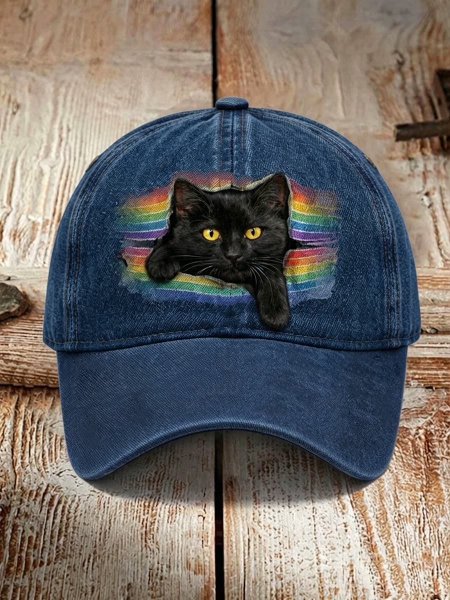 Black Cat Peeking Through Rainbow Cap Human Rights LGBTQ Dad Hat Gift For Equality Believers