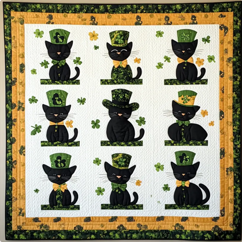 Black Cat With Hat Lucky Patrick's Day Quilt Blanket Best Idea Gift For Irish