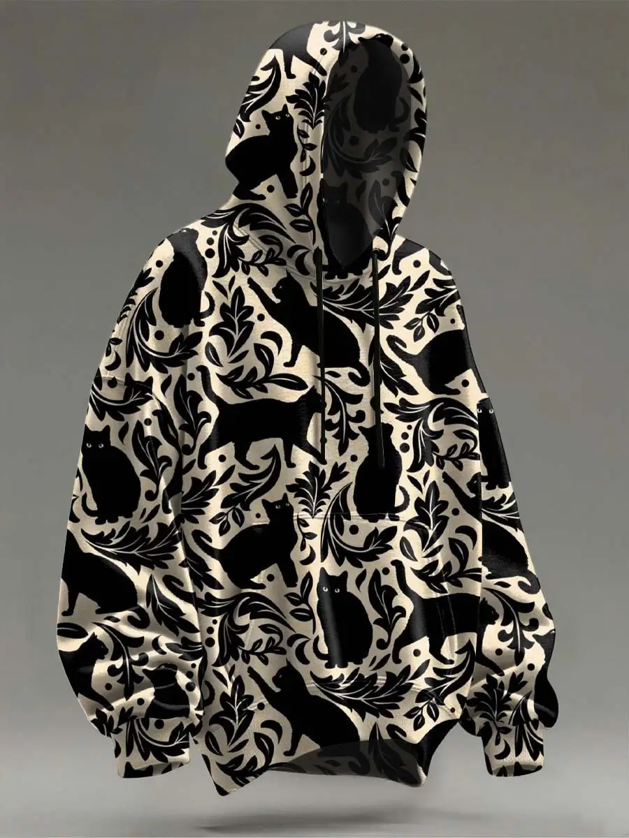 Black Cat With Leaves Halloween Hoodie Monochrome Apparel Holiday Gifts For Cat Lovers