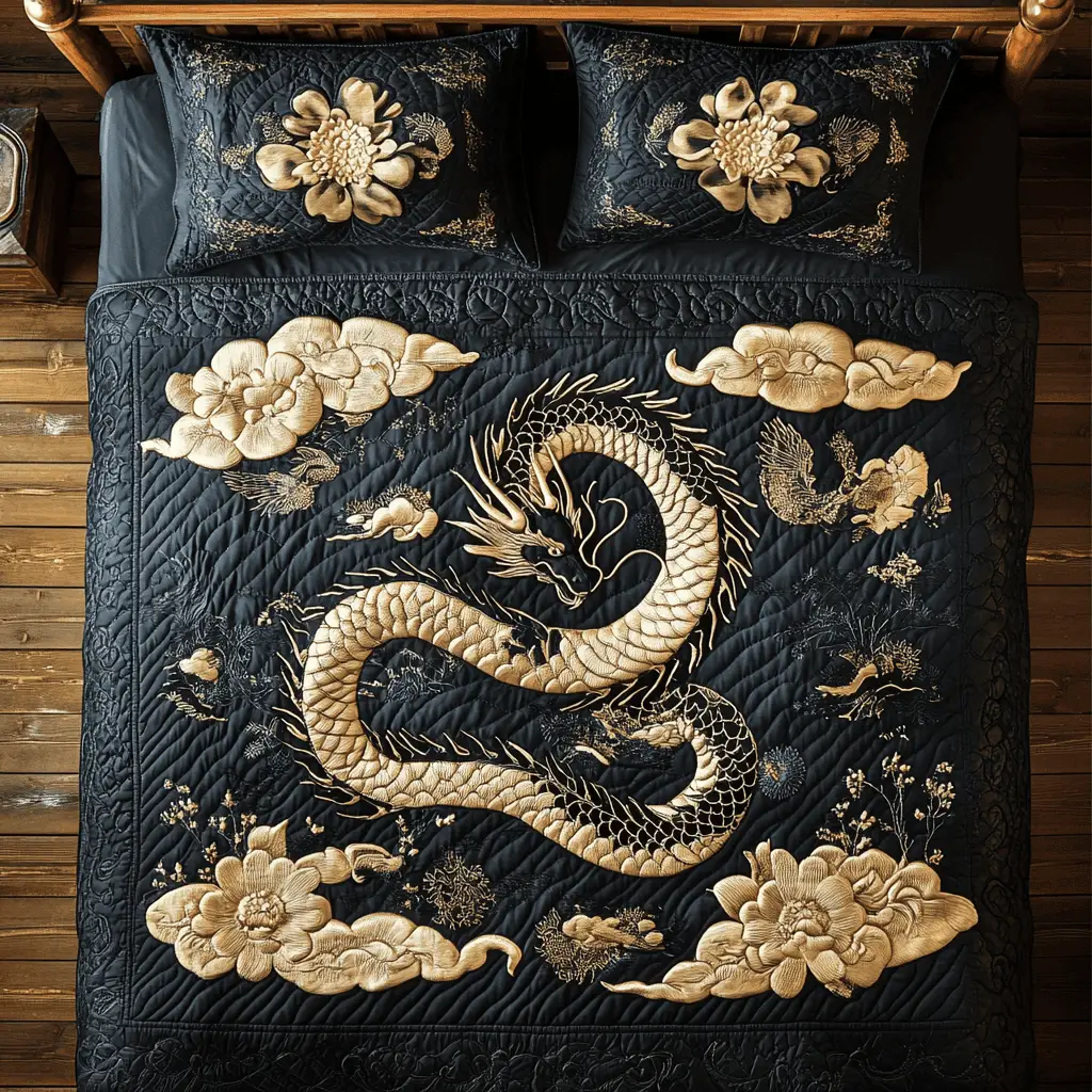 Black Gold Dragon Quilted Bedding Set Duvet Cover Bedspread Present Ideas For Friends