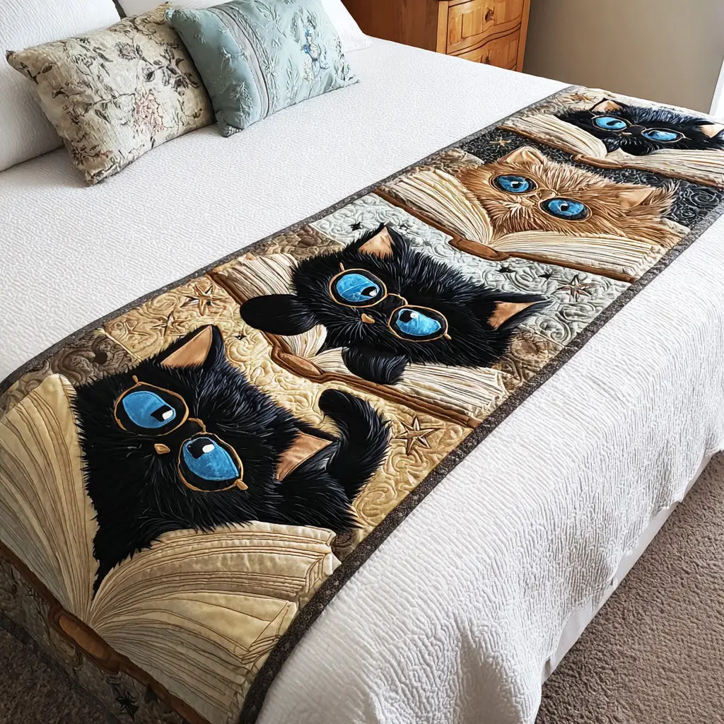 Black Ink Cat Quilted Bed Runner Black Ink Cat Pattern Artful Home Gift Black Ink Cat Quilted Bed Runner Black Ink Cat Pattern Artful Home Gift - Image 1