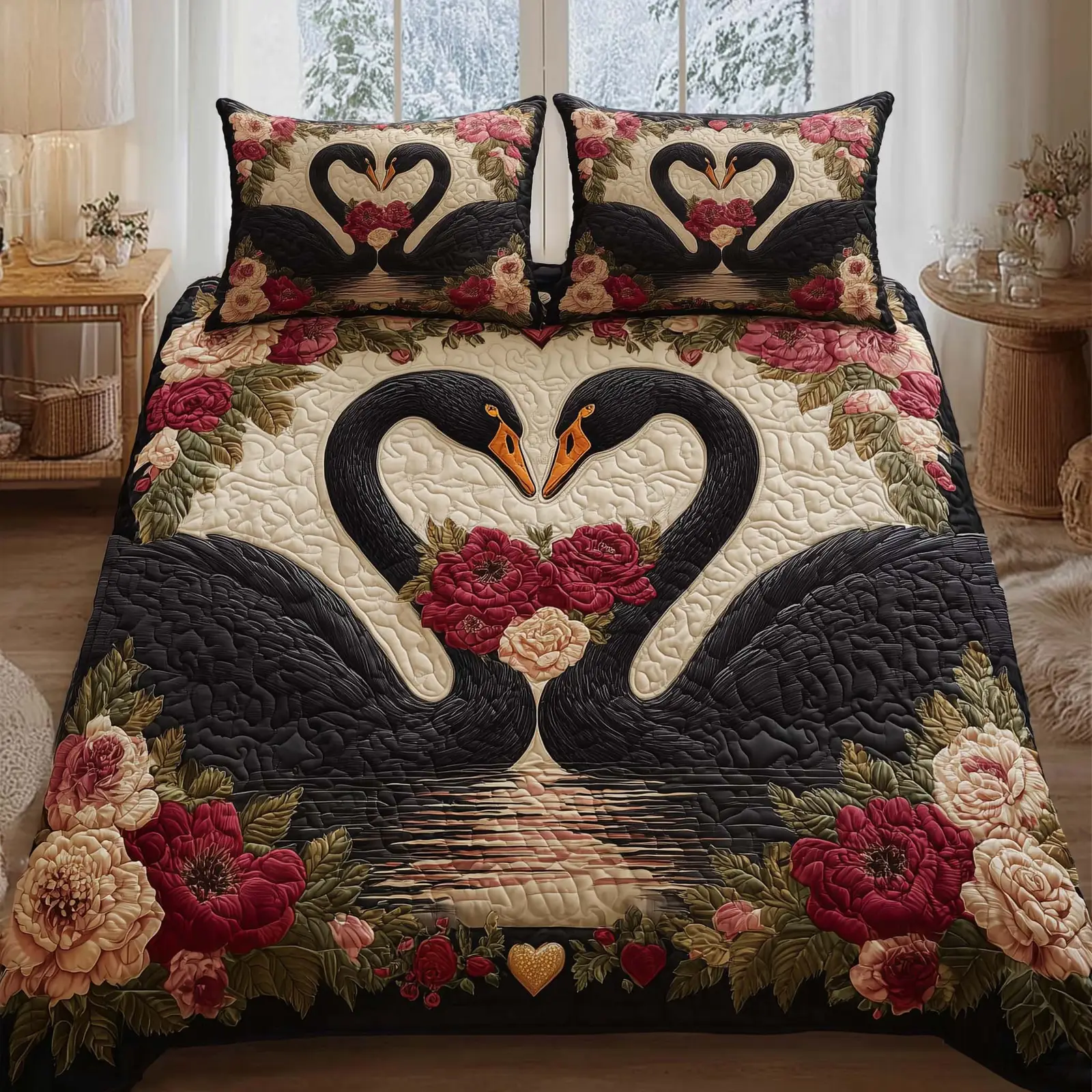 Black Swan Couple Quilted Bedding Set Best Valentine Day Gifts For Sister In Law