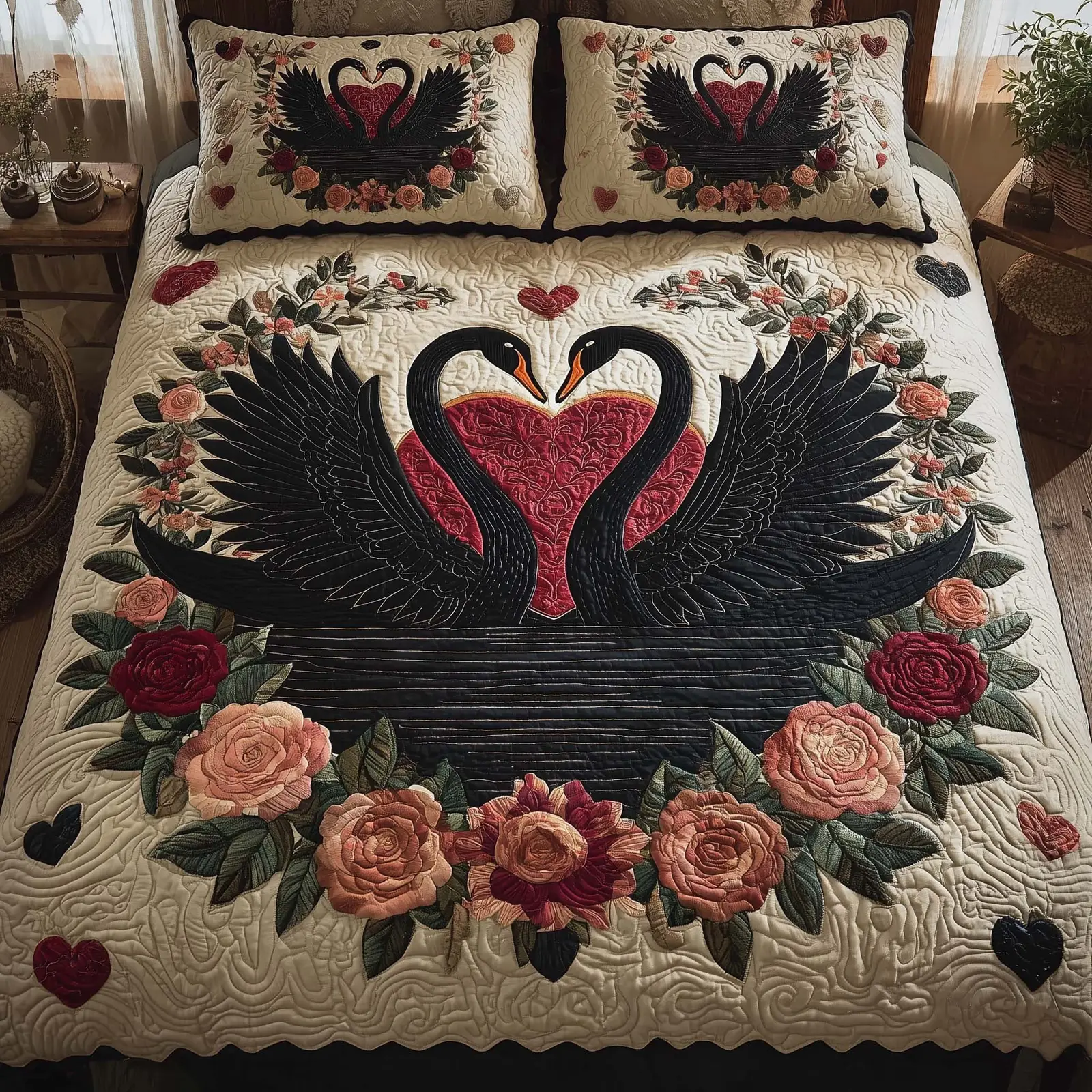 Black Swan Quilted Bedding Set Valentine Day Present Ideas For Couple Black Swan Quilted Bedding Set Valentine Day Present Ideas For Couple - Image 1