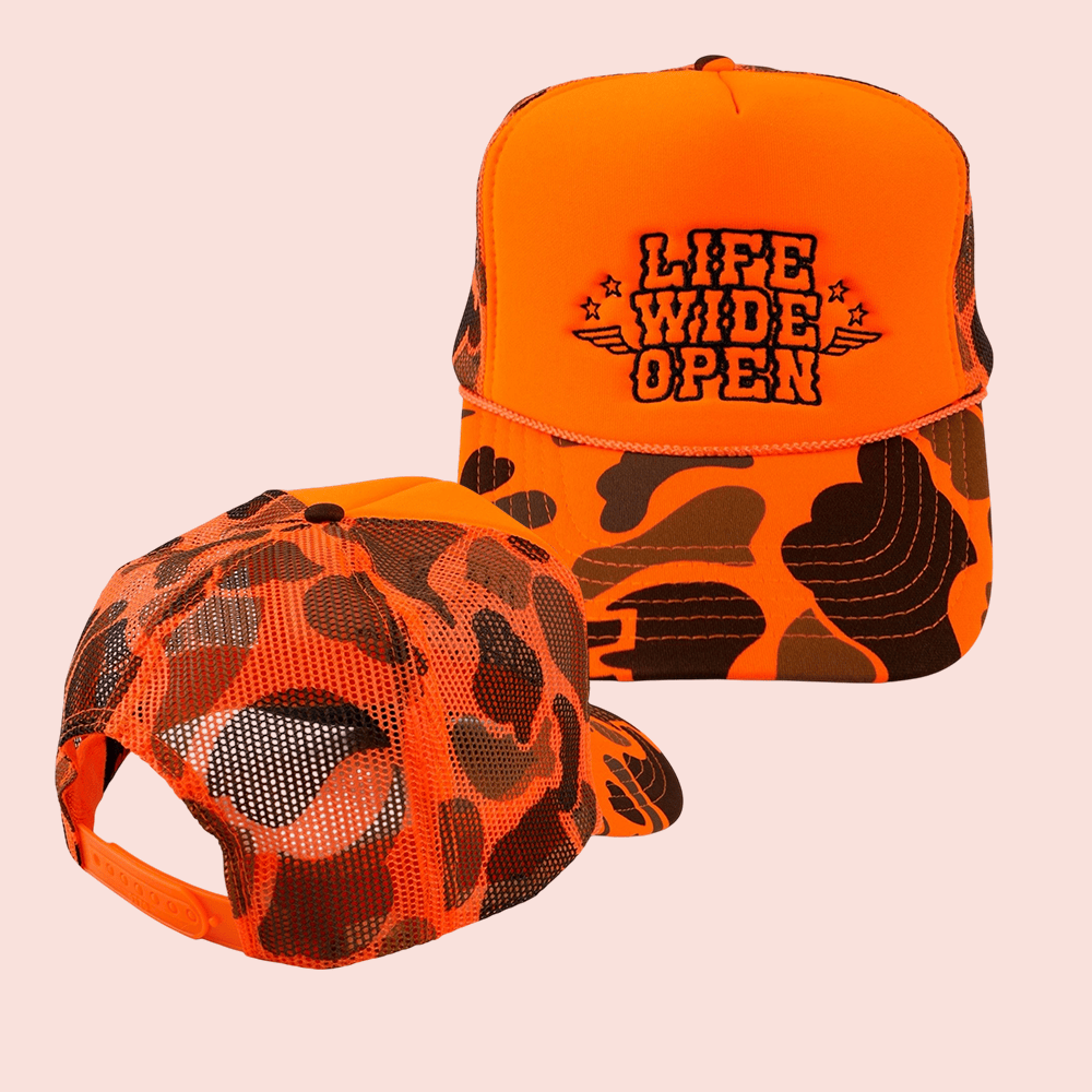 Blaze Orange Camo Trucker Hat Life Wide Open CboysTV Merch Best Gift For Brother