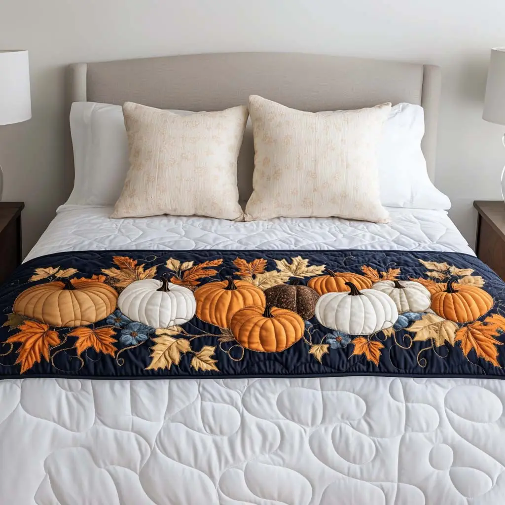 Blessed Pumpkin Days Quilted Bed Runner Autumn Pumpkin Look Gift for Grandma