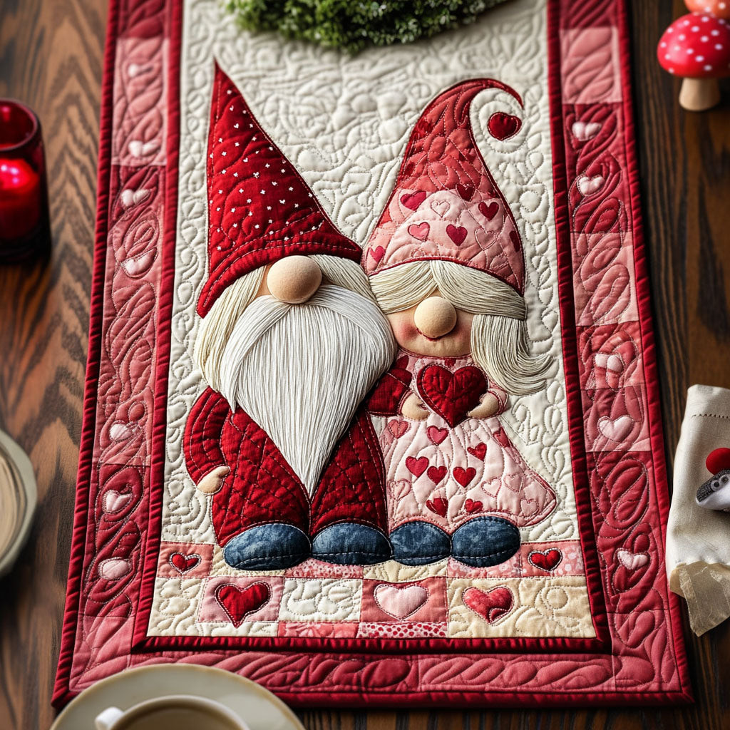Blissful Gnome Love Quilted Table Runner Rustic Home Decor Gift Suggestions For Valentine's Day