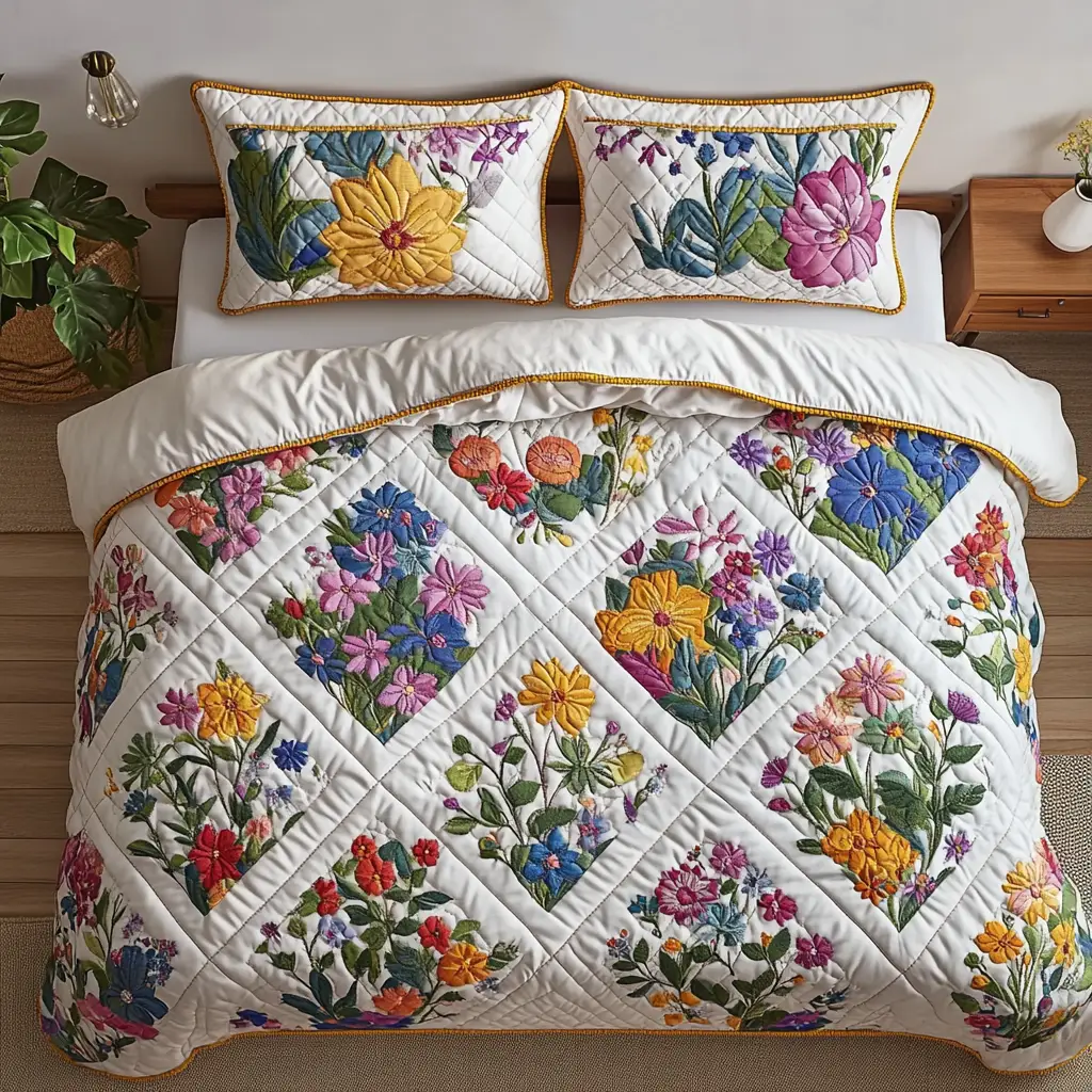 Bloom Touch Quilted Bedding Set Lovely Bedroom Gift Idea for Housewarming