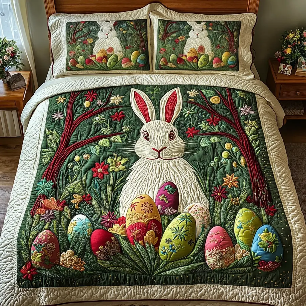 Blooming Bunny Quilted Bedding Set Holiday Duvet Cover Best Gifts For Bunny Owners