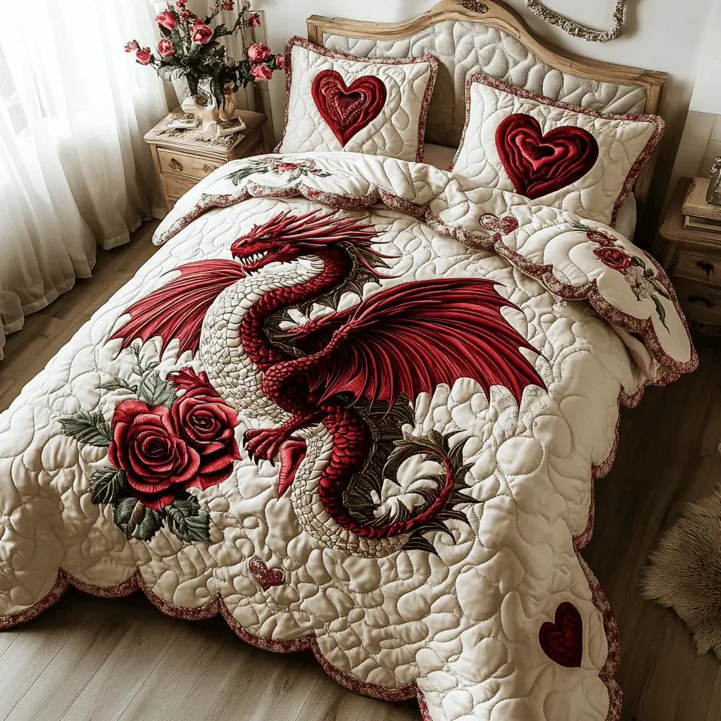 Blooming Dragon Quilted Bedding Set Top Cool Valentine Day Gifts For Boyfriend