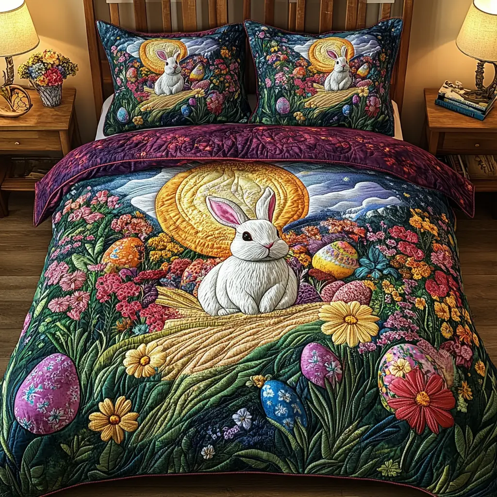 Blooming Easter Quilted Bedding Set Holiday Duvet Cover Best Gifts For Bunny Owners