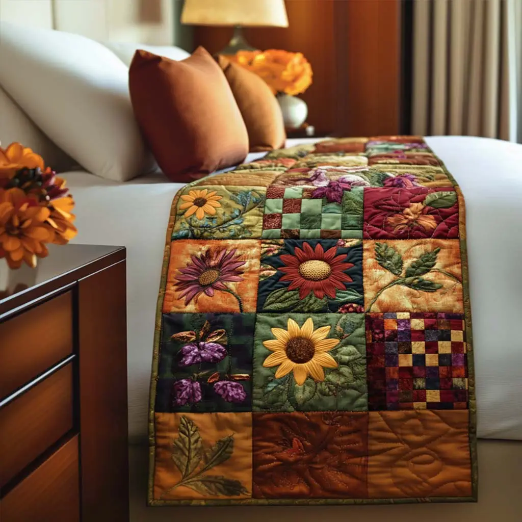 Blooming Fall Lane Quilted Bed Runner Fall Floral Arrangement Autumn Gift for Grandma