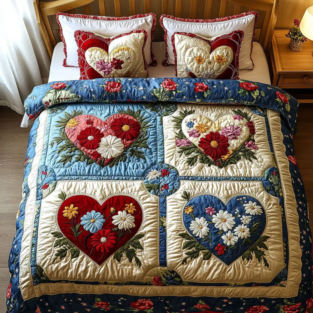 Blooming Freedom  Quilted Bedding Set  Floral Duvet Cover 4Th Of July Gifts For Coworkers