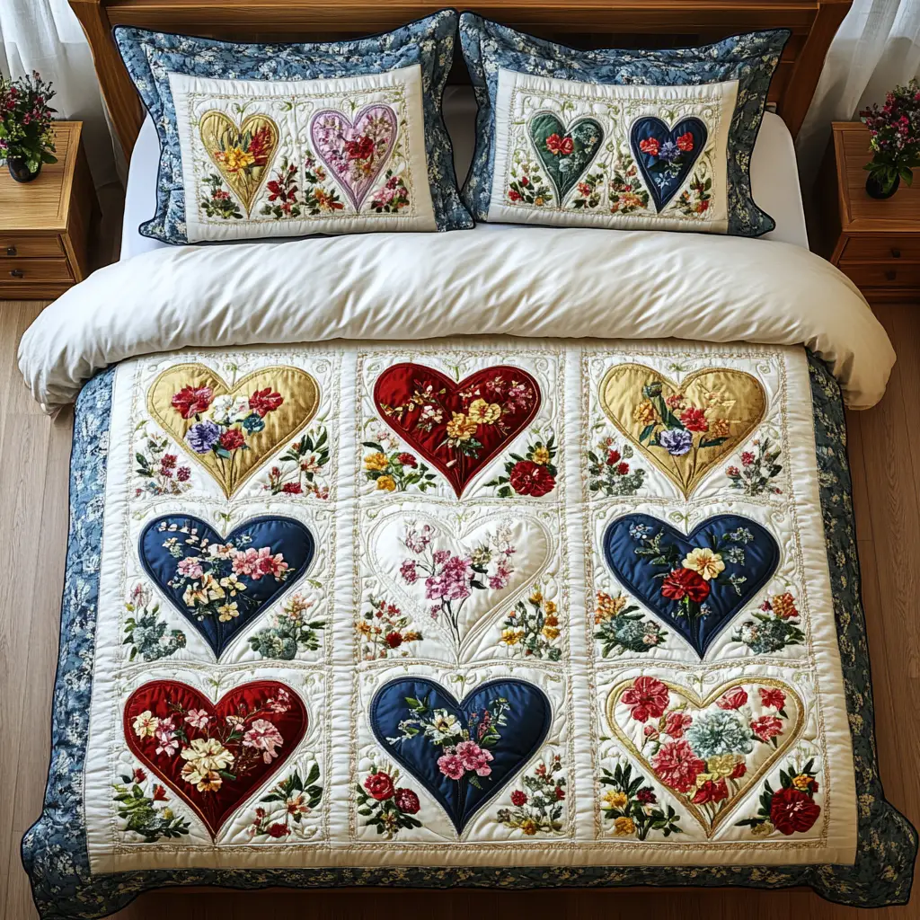 Blooming Hearts Quilted Bedding Set Elegance Color Valentine Gifts For Women