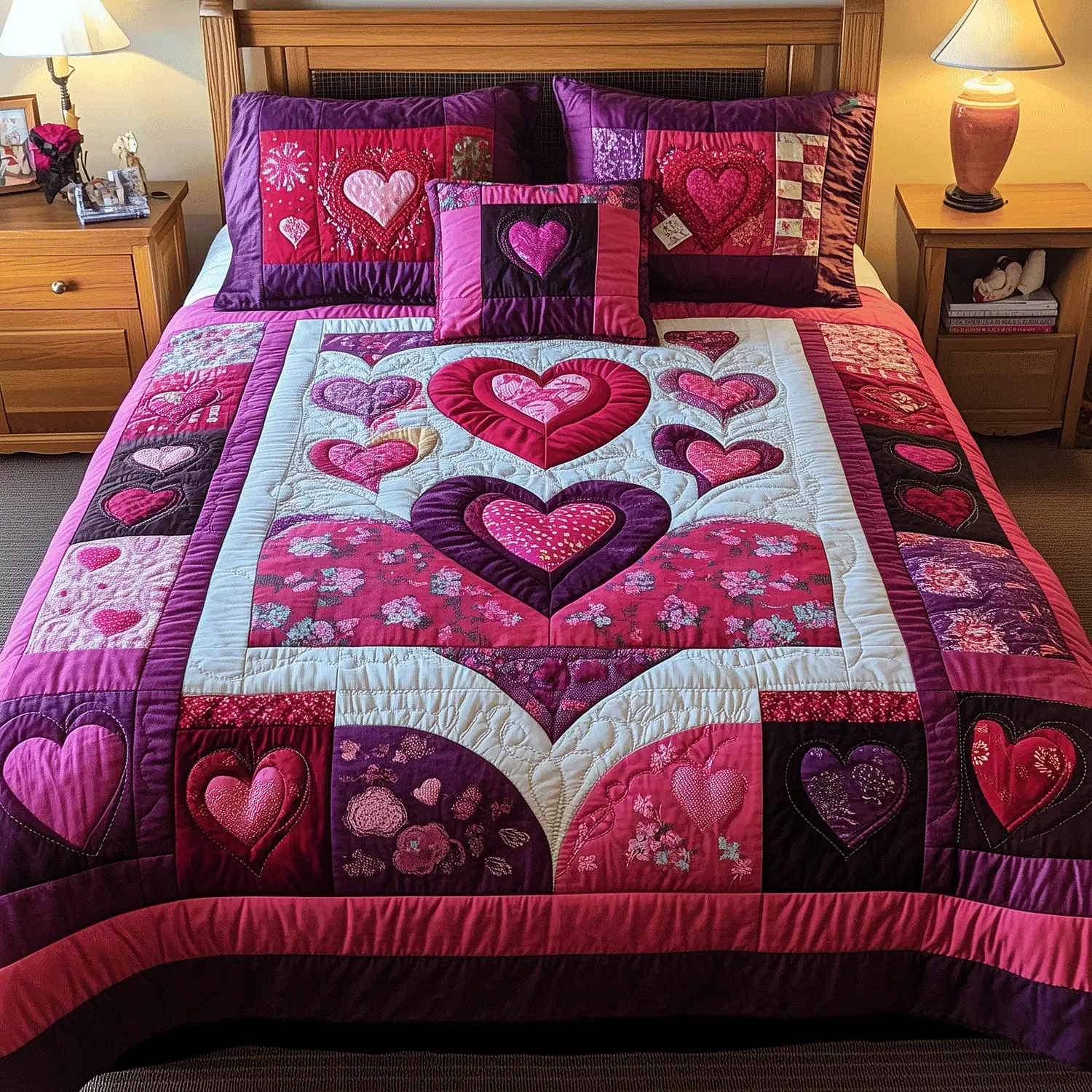 Blooming Hearts Quilted Bedding Set Gifts To Give Mother In Law For Valentine Day