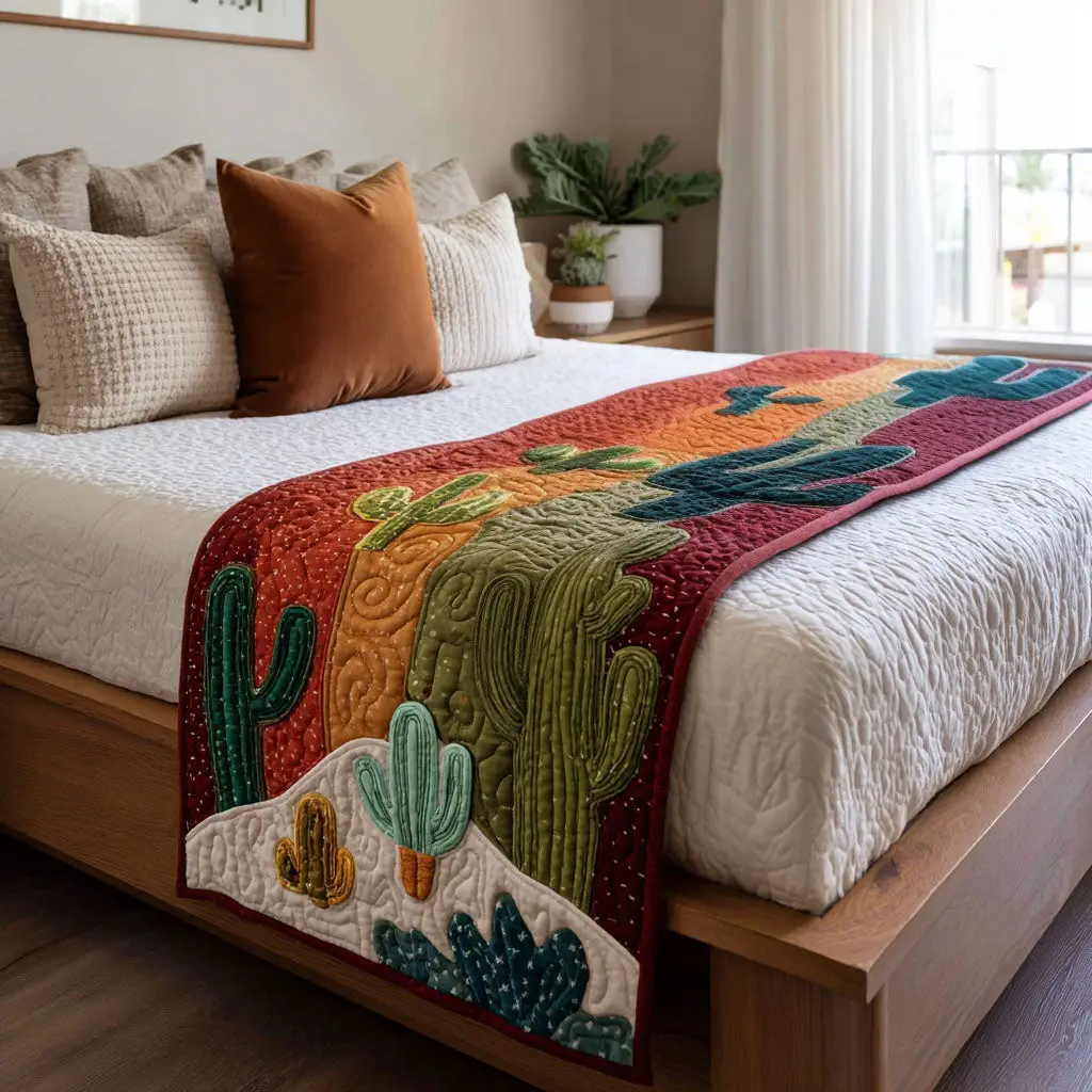 Blooming Saguaro Quilted Bed Runner Saguaro Bloom Trail Southwest Gift