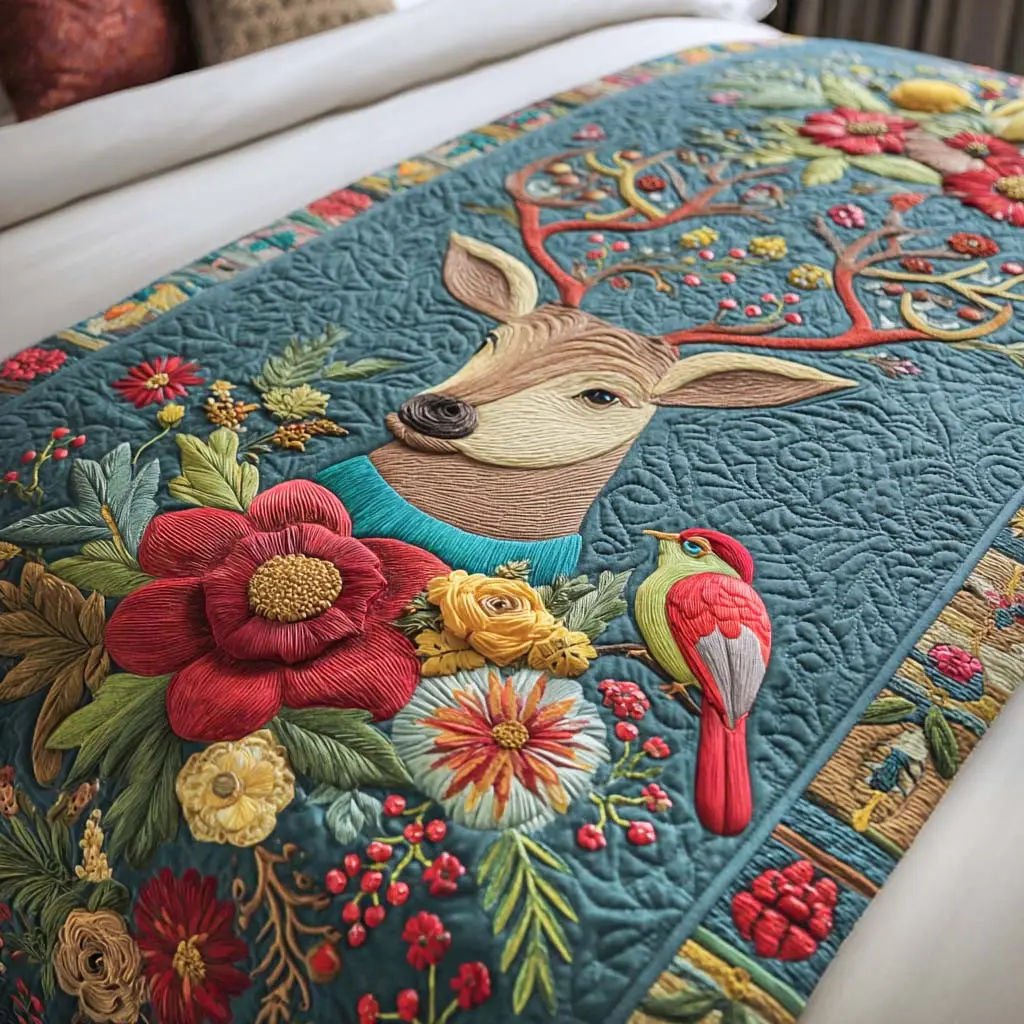 Bloomsong Stag Quilted Bed Runner Bloomsong Stag Floral-Wildlife Gift