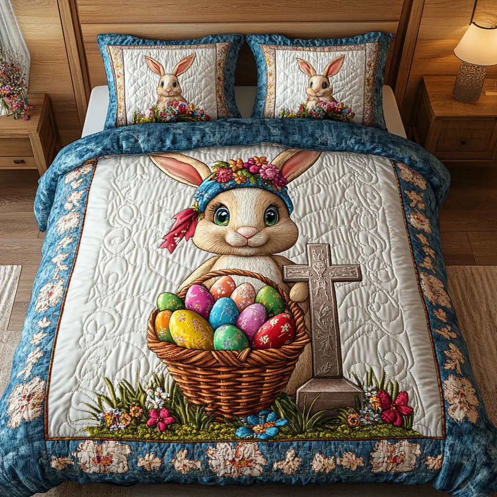 Blossom Bunny Hope Quilted Bedding Set Holiday Home Decor Gift Ideas For Rabbit Lovers