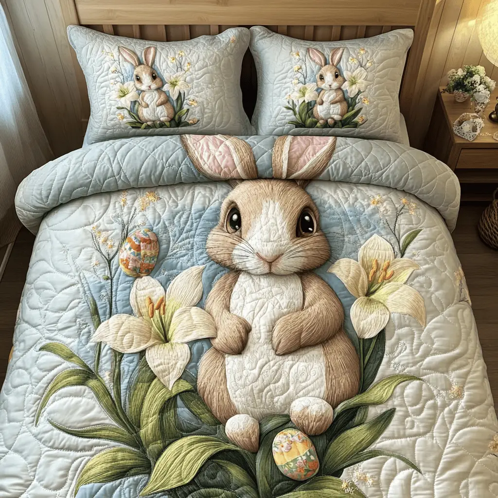 Blossom Bunny Quilted Bedding Set Holiday Home Decor Bunny Rabbit Presents