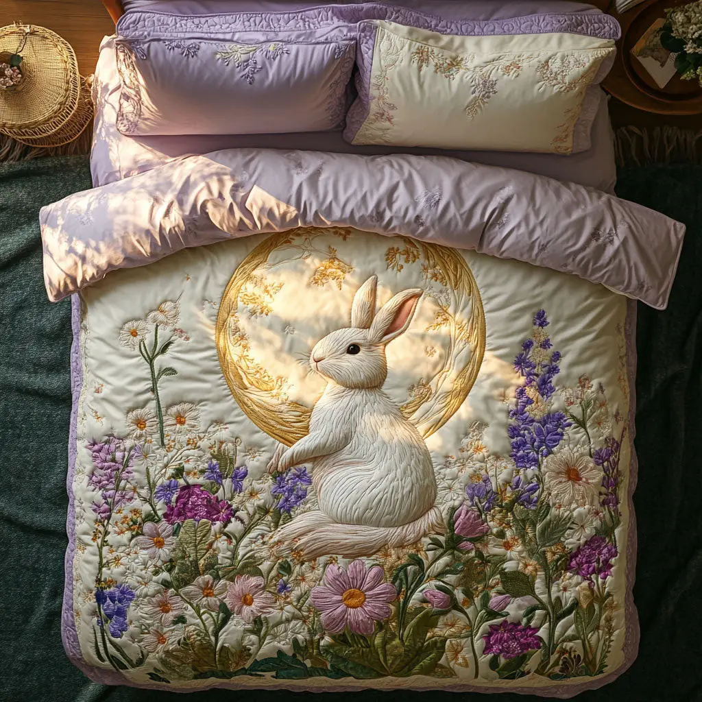Blossom Dream Rabbit Quilted Bedding Set Duvet Cover Bedspread Bedroom Decor Presents For Men Blossom Dream Rabbit Quilted Bedding Set Duvet Cover Bedspread Bedroom Decor Presents For Men - Image 1