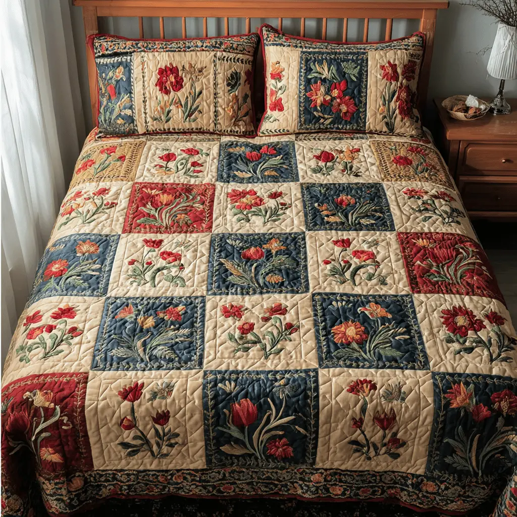 Blossom Field Quilted Bedding Set Lightweight Duvet Cover Set for Year-Round Comfort