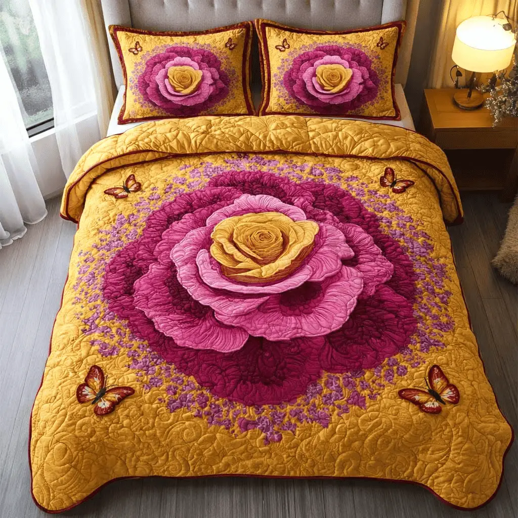 Blossom Rose Quilt Bedding Set Floral King Size Comforter Home Decor