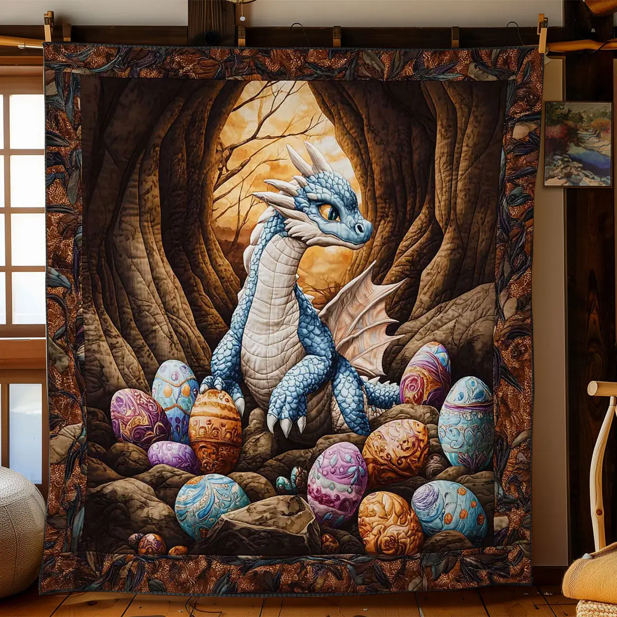 Blue Dragon’S Nest Quilted Blanket Holiday Bed Room Decoration Unique Gifts For Dragon Lovers
