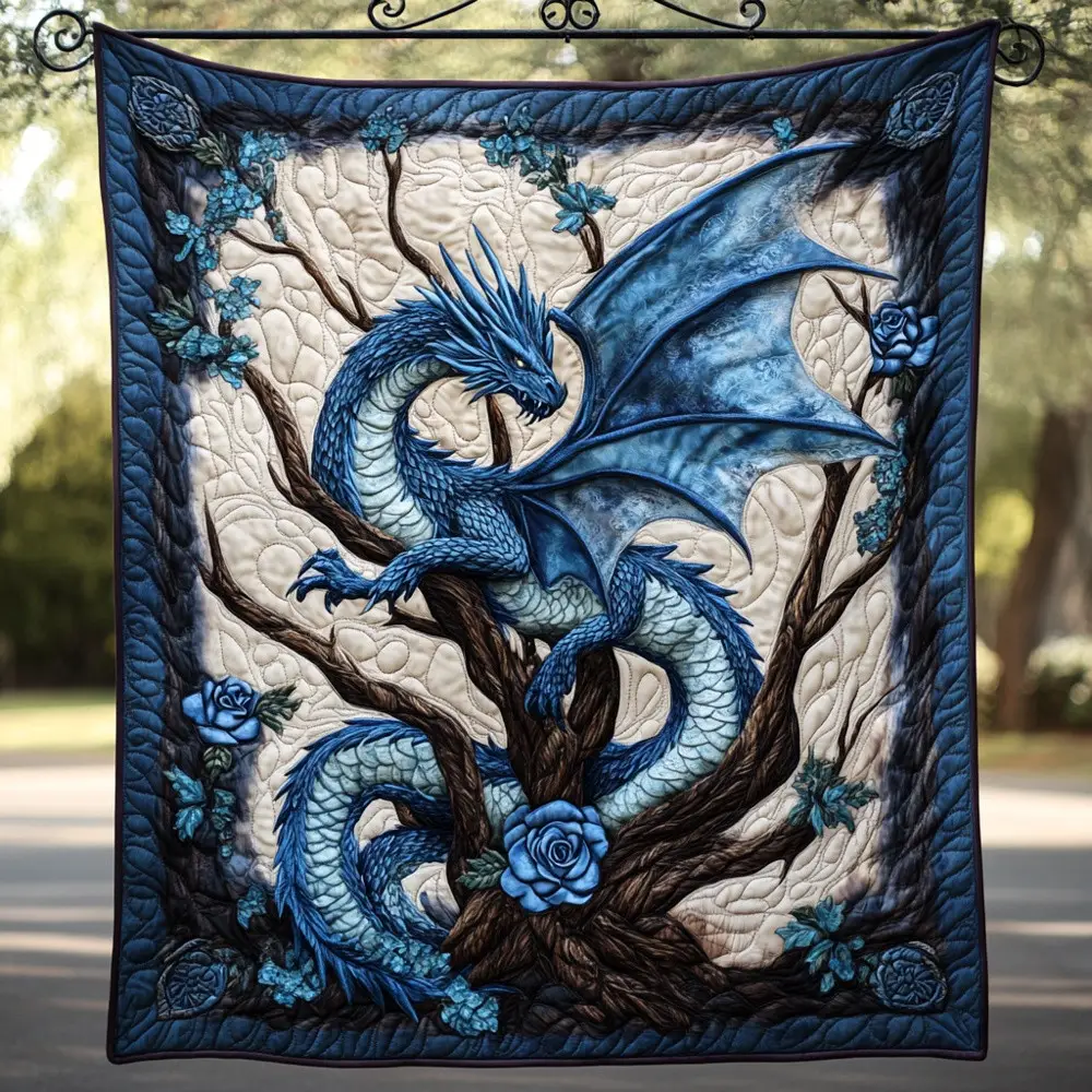 Blue Dragon Rose Tree Quilted Blanket Fantasy Nature Art Cozy Throw Best Gift For Dragon Lovers