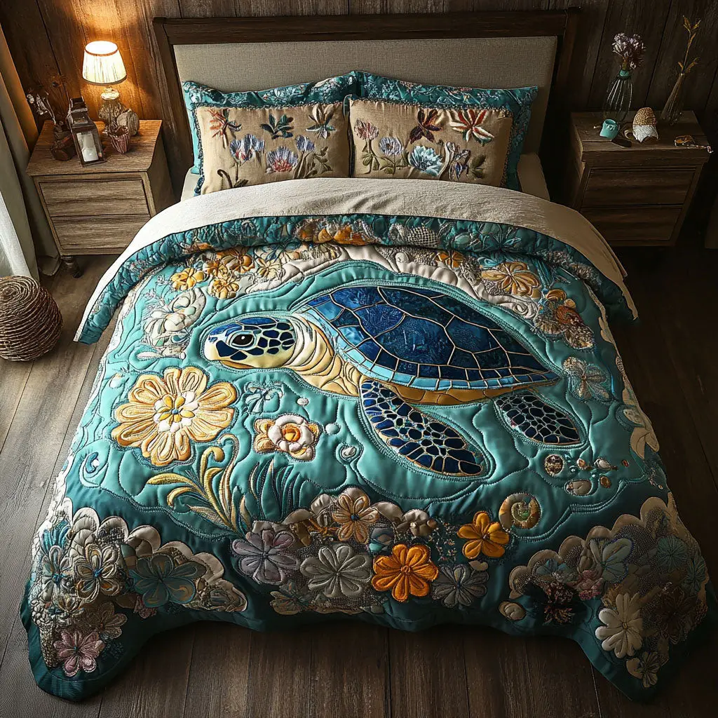Blue Lagoon Comfort Quilted Bedding Set Best Bed Sheet Set Sea Turtle Gift Ideas
