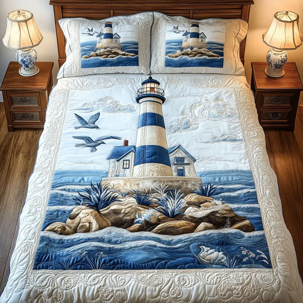 Blue Lighthouse Quilted Bedding Set Soft Bedding Set That Makes a Great Christmas Gift