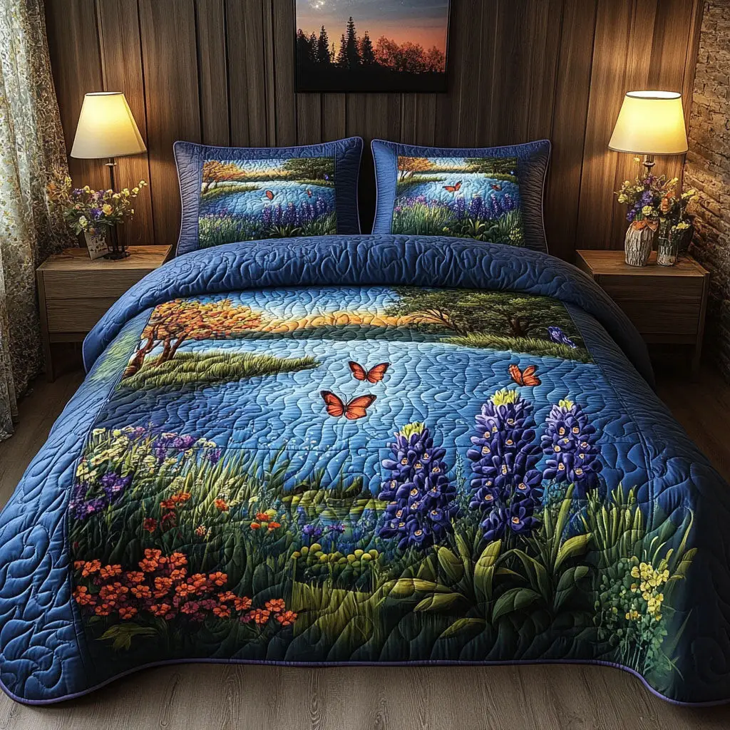 Blue Serenity Quilted Bedding Set Cute Room Decor Butterfly Birthday Gifts