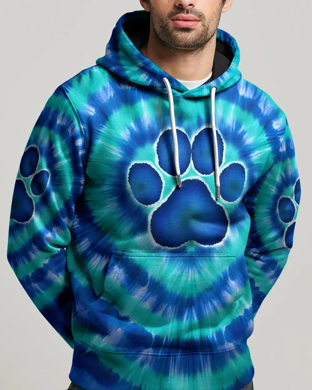 Blue Teal Paw Tie Dye Hoodie Vibrant Colors Apparel Unique Gifts For Cat Lovers
