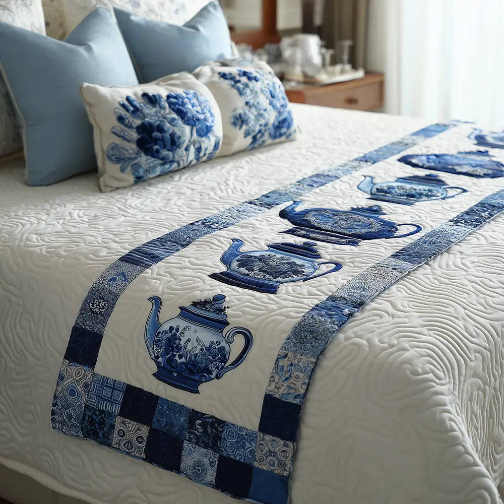 Blue Teapot Parade Quilted Bed Runner Teapot Parade Blue Holiday Gift