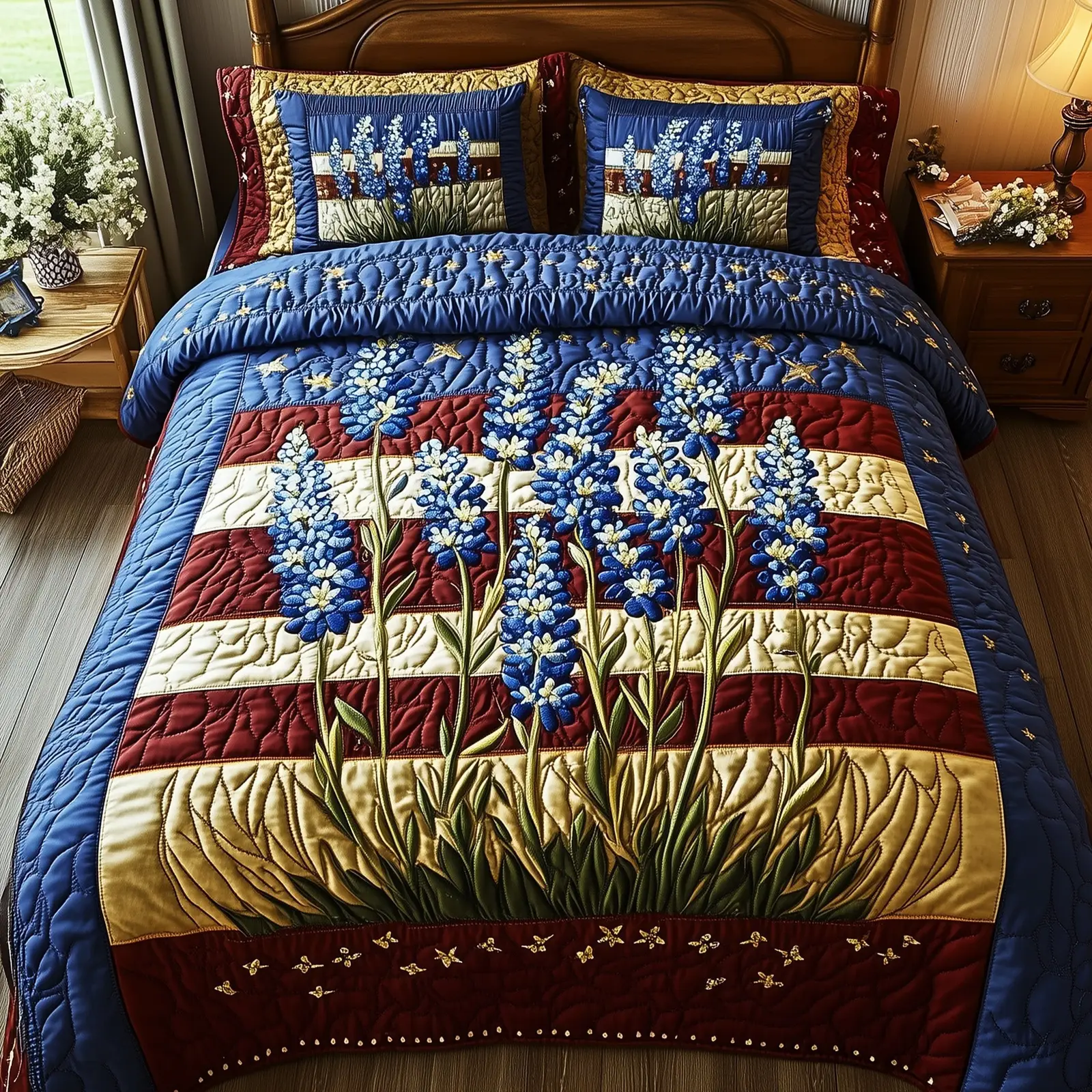 Bluebonnet Glory  Quilted Bedding Set Full Size Bed Set Good Gifts For Mom Birthday