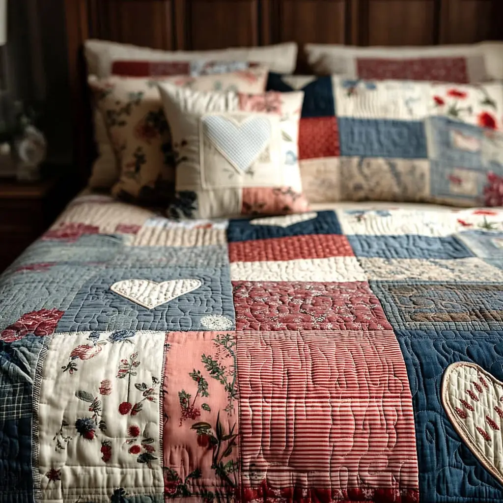 Blush Heart Story Quilted Bedding Set Romantic Valentine Bedroom Decor Gift For Couples