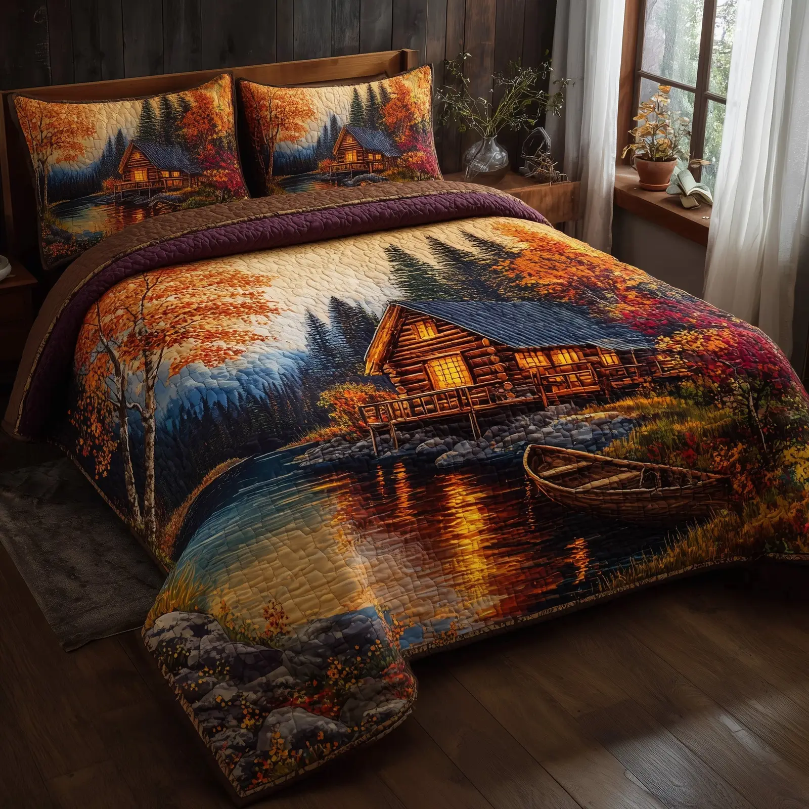 B?n sao Golden Bloom Cabin Quilted Bedding Set Rustic Floral Bedroom Decor Gift For Nature Lovers