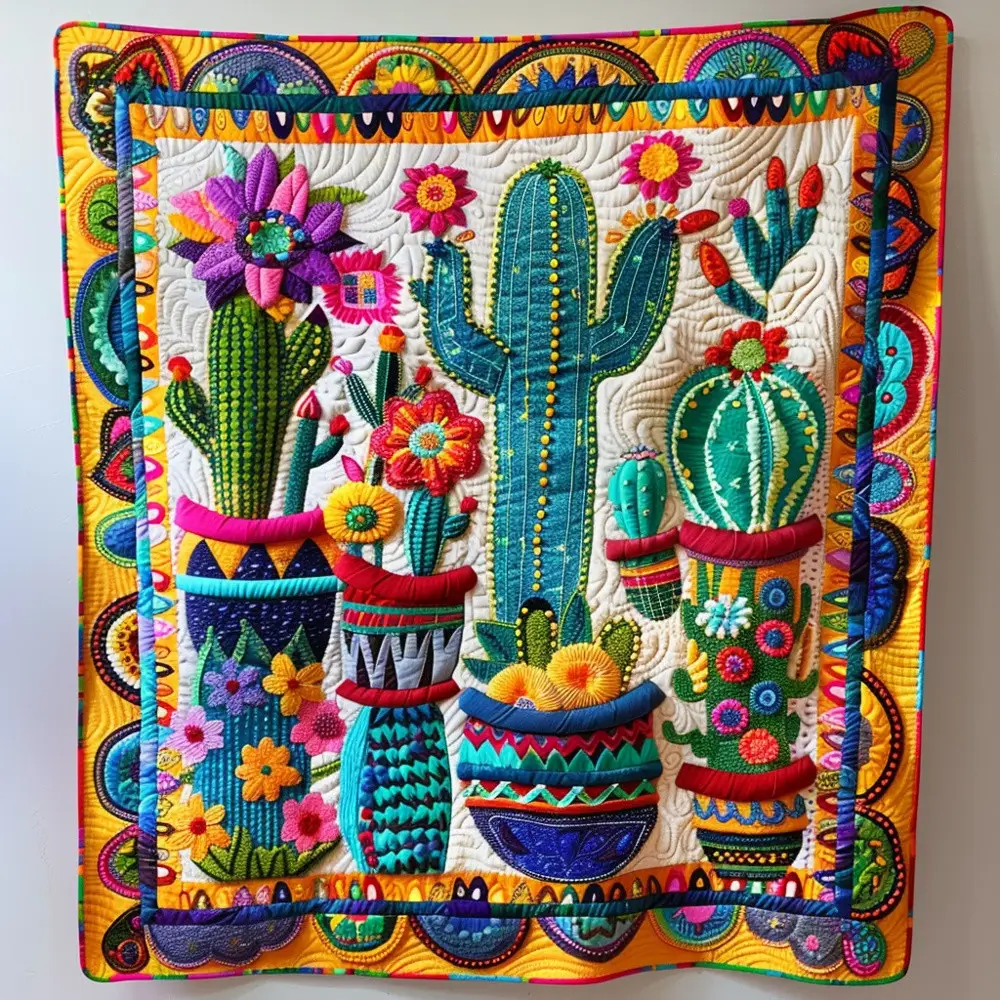 Boho Cactus Garden Quilted Blanket Southwest Colorful Floral Art Cozy Throw Best Gift For Plant Lovers