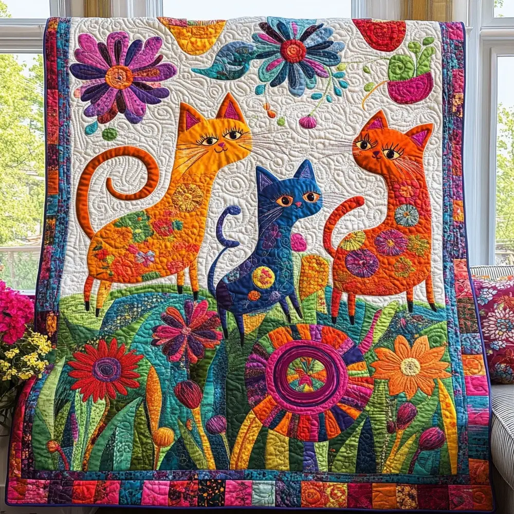 Boho Cats Floral Garden Quilted Blanket Artistic Feline Throw Best Gift For Cat Lover Colorful Decor Boho Cats Floral Garden Quilted Blanket Artistic Feline Throw Best Gift For Cat Lover Colorful Decor - Image 1