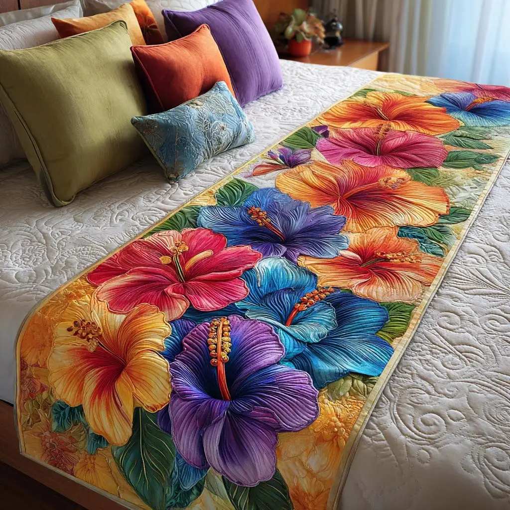 Bold Hibiscus Quilted Bed Runner Bold Hibiscus Bloom Tropical Gift