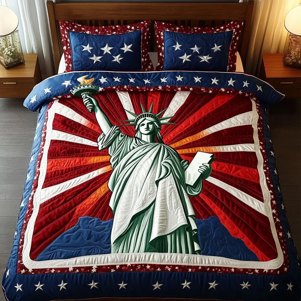 Bold Liberty  Quilted Bedding Set  King Size Duvet Cover 4Th Of July Themed Gifts