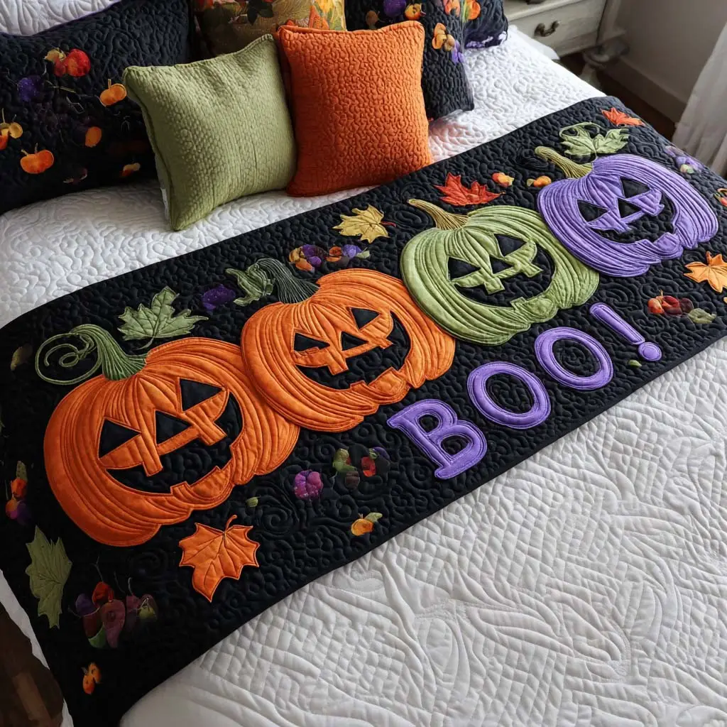 Boo Night Quilted Bed Runner Boo Night Theme Fall Gift for Aunt Boo Night Quilted Bed Runner Boo Night Theme Fall Gift for Aunt - Image 1