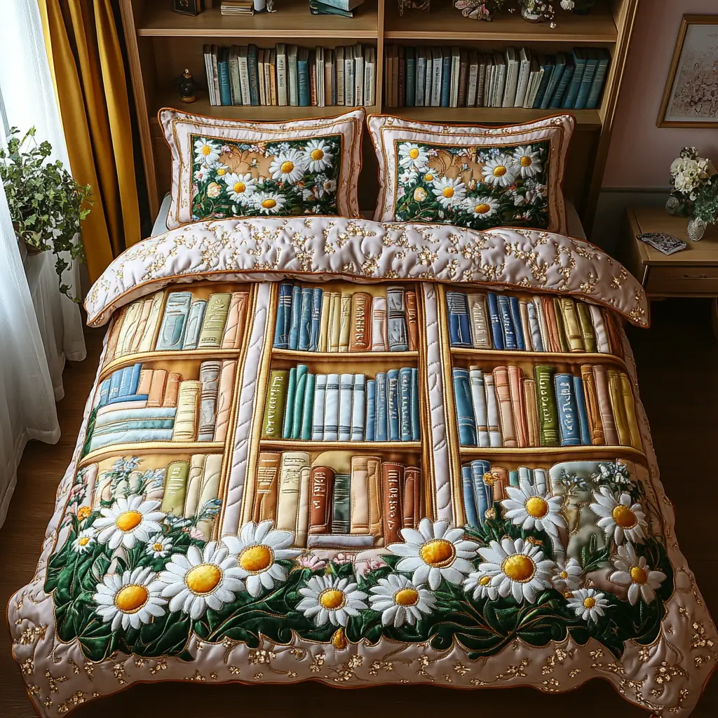 Bookshelf Heaven Quilted Bedding Set Holiday Duvet Cover Set Gifts For People Who Like Books