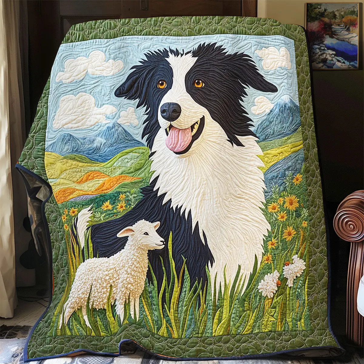 Border Collie And Lamb Quilt Blankets Best Throw Blanket Mother's Day Gifts For Grandma