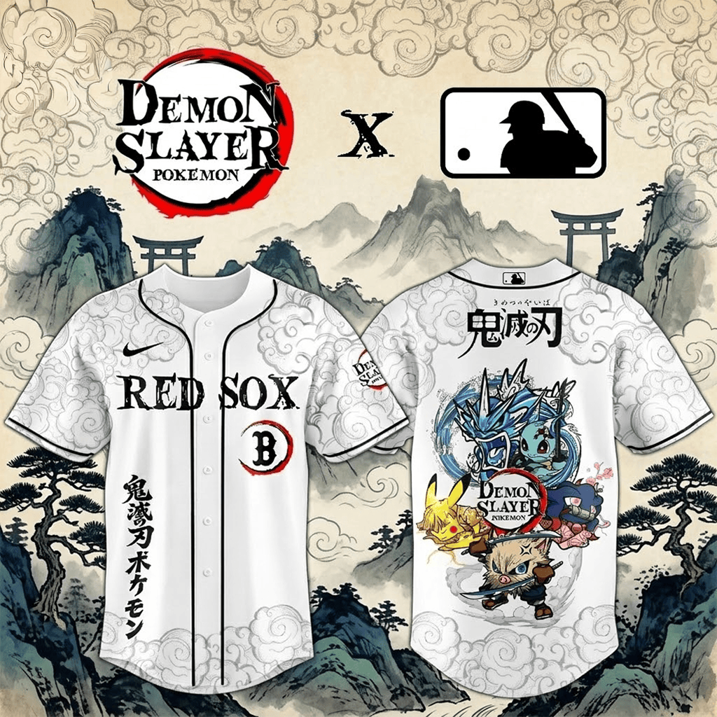 Boston Red Sox Demon Slayer Pokemon Baseball Jersey 2026 Boston Red Sox Merch Gift For Son