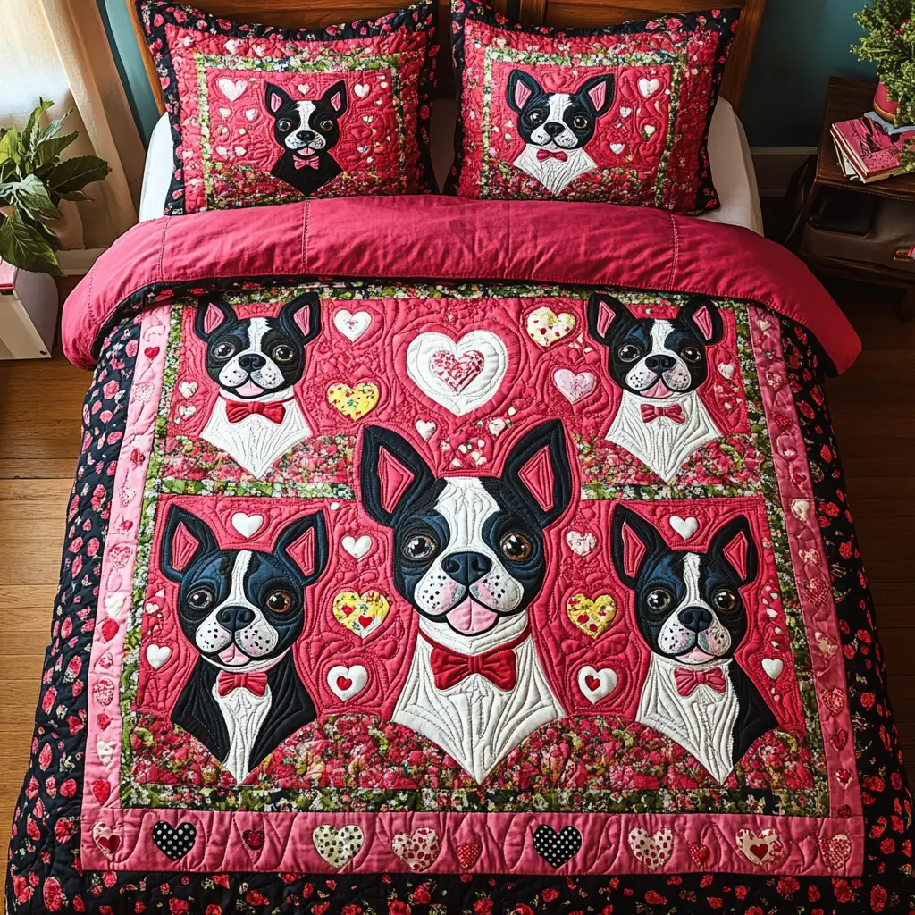 Boston Terrier Quilted Bedding Set Boston Terrier Charm Valentine Gift For Dog Lovers