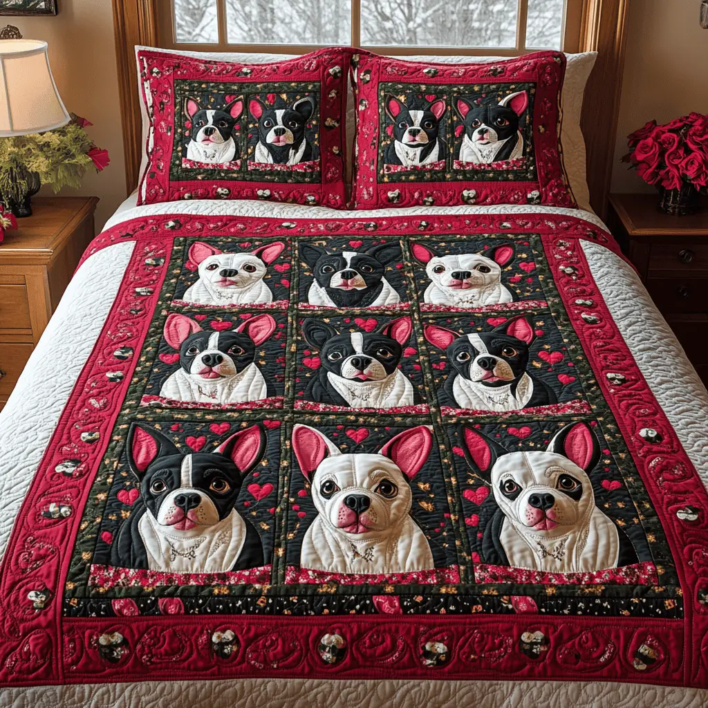 Boston Terrier Quilted Bedding Set Valentine Day Gifts For Boston Terrier Lovers