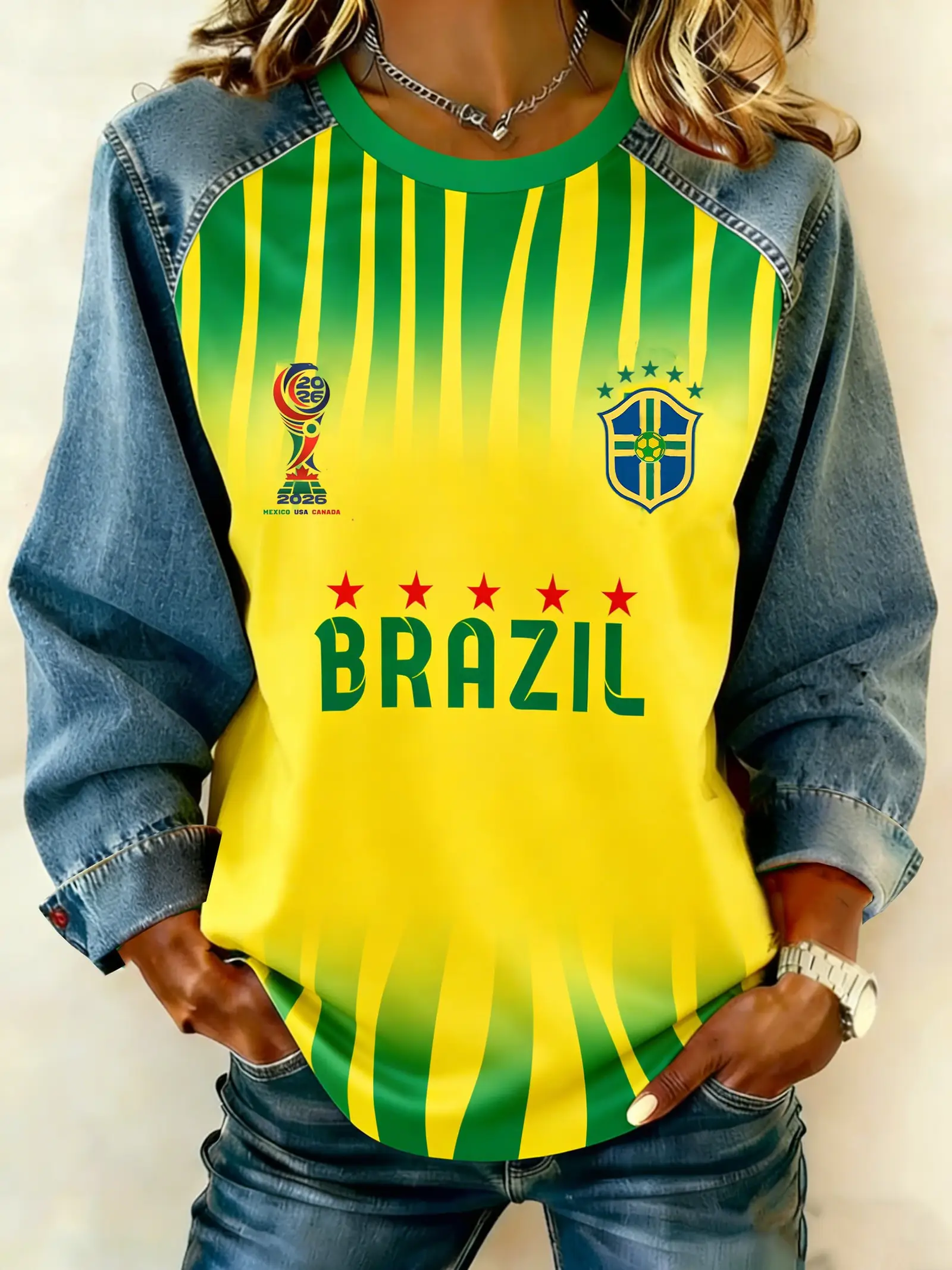 Brazil 2026 World Cup Merch Brazil Soccer Sweatshirt Women's Match Day Outfits For Fans
